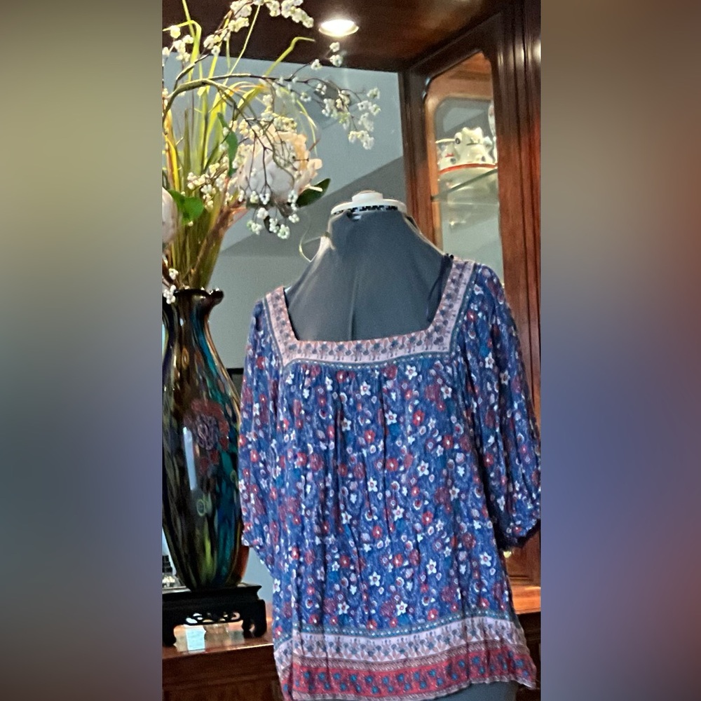 Boho Floral Peasant Top in Blue and Pink